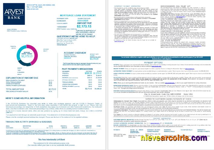 USA Arvest Bank Mortgage Loan Statement In Word And PDF Formats , 4 Pages 1 2 Template