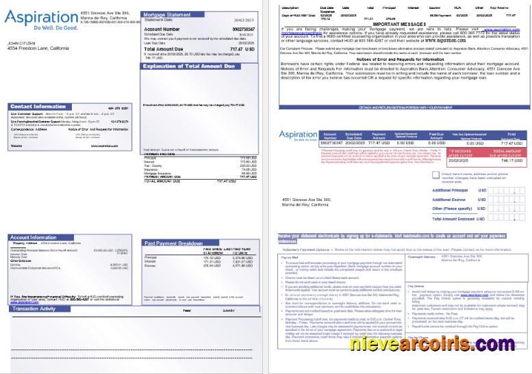 USA Aspiration Bank Mortgage Statement In Word And PDF Formats, 3 Pages 1 2 Photolook
