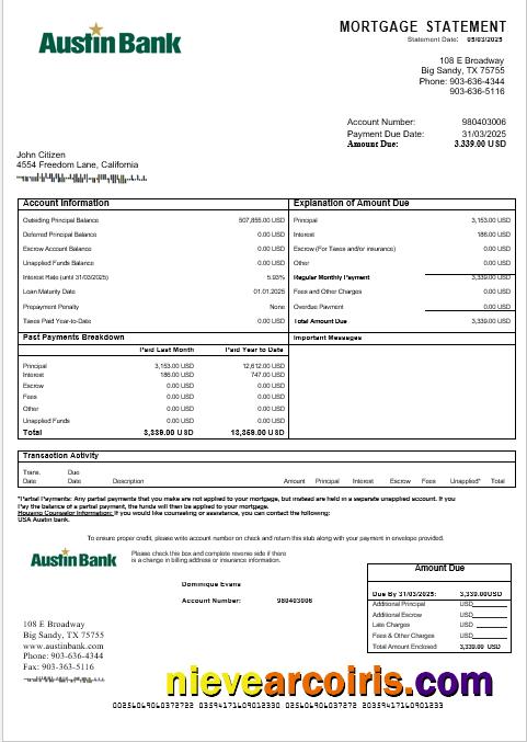 USA Austin Bank Mortgage Statement In Word And PDF Formats Photolook