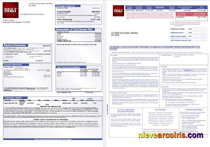 USA BB&T Corp. Bank Mortgage Statement In Word And PDF Formats, 3 Pages 1 2 Preview