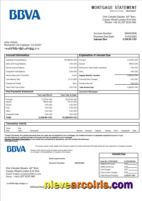 USA BBVA Bank Mortgage Statement In Word And PDF Formats Photolook