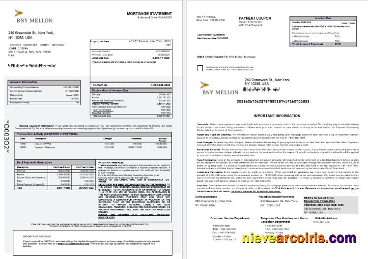 USA Bank Of New York Mellon Bank Mortgage Statement In Word And PDF Formats 1 2 Sample