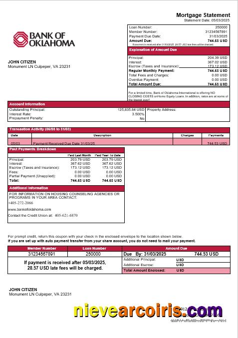 USA Bank Of Oklahoma Mortgage Statement In Word And PDF Formats Template