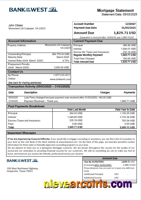 USA Bank Of The West Bank Mortgage Statement In Word And PDF Formats Photolook