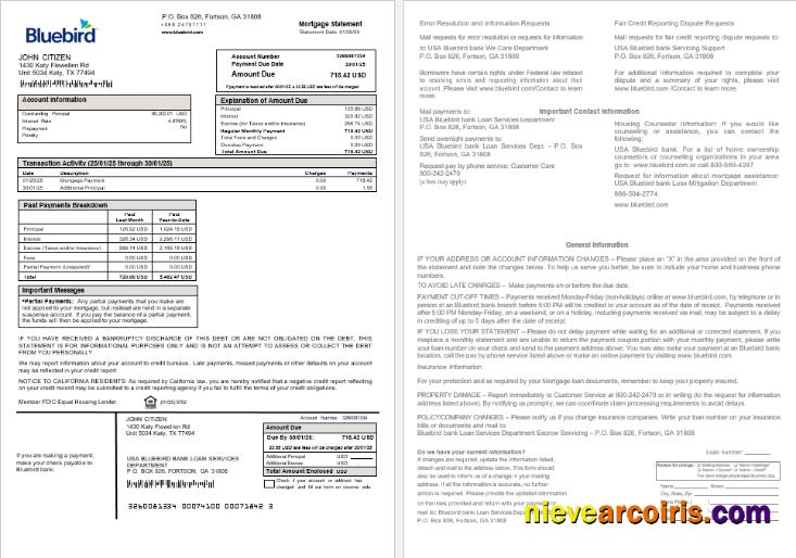 USA Bluebird Bank Mortgage Statement In Word And PDF Formats Photolook