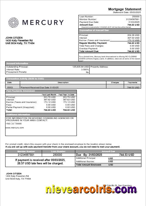 USA CA San Francisco Mercury Bank Mortgage Statement In Word And PDF Formats Preview