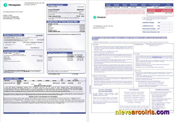 USA California MoneyLion Bank Mortgage Statement In Word And PDF Formats, 3 Pages 1 2 Preview