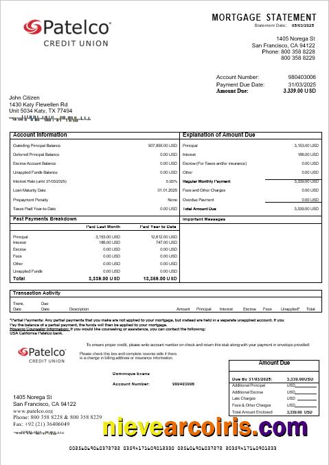 USA California Patelco Bank Mortgage Statement In Word And PDF Formats Sample
