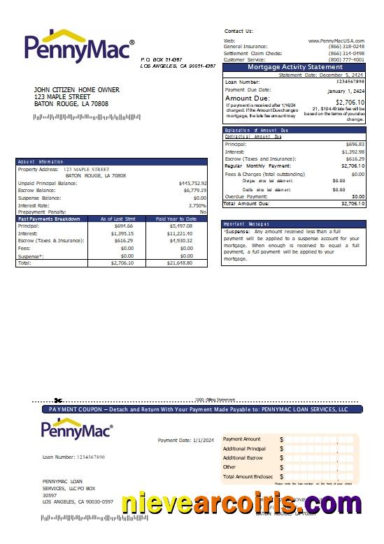 USA California Pennymac Loan Services Mortgage Statement Scr Sample