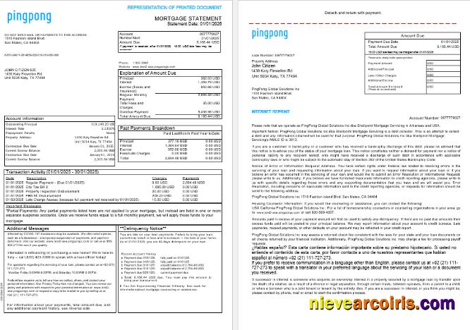 USA California PingPong Global Solutions Inc Mortgage Statement In Word And PDF Formats, 3 Pages 1 2 Template
