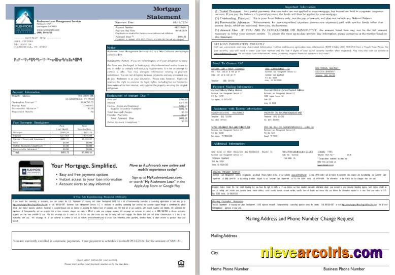 USA California Rushmore Loan Management Services LLC Mortgage Statement, 3 Pages, 1 2scr Photolook