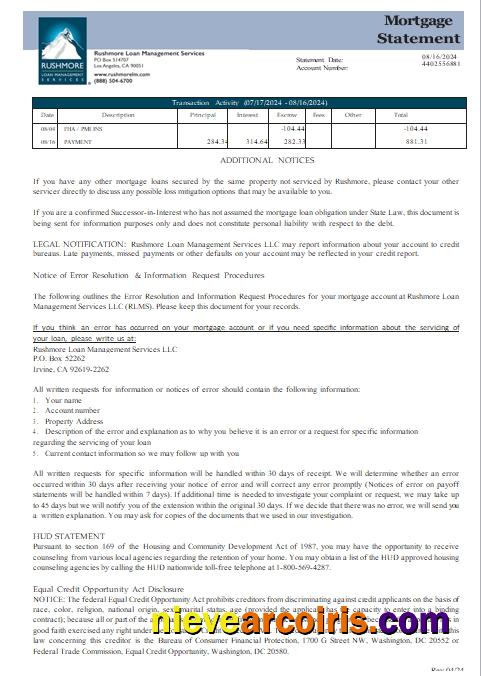 USA California Rushmore Loan Management Services LLC Mortgage Statement, 3 Pages, 3 Scr Photolook