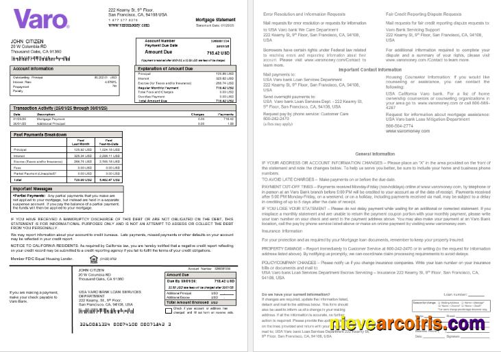 USA California Varo Bank Mortgage Statement In Word And PDF Formats Sample