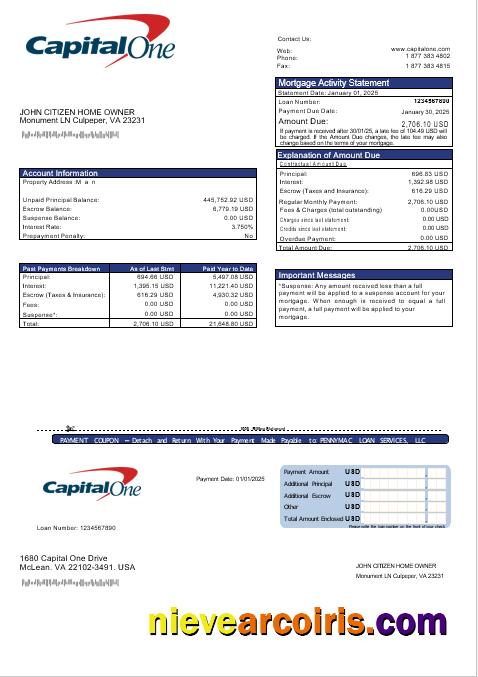 USA Capital One Bank Mortgage Statement In Word And PDF Formats Preview