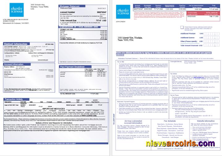USA Charles Schwab & Co Bank Mortgage Statement In Word And PDF Formats, 3 Pages 1 2 Template