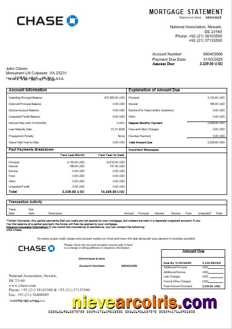 USA Chase Mortgage Statement In Word And PDF Formats Sample