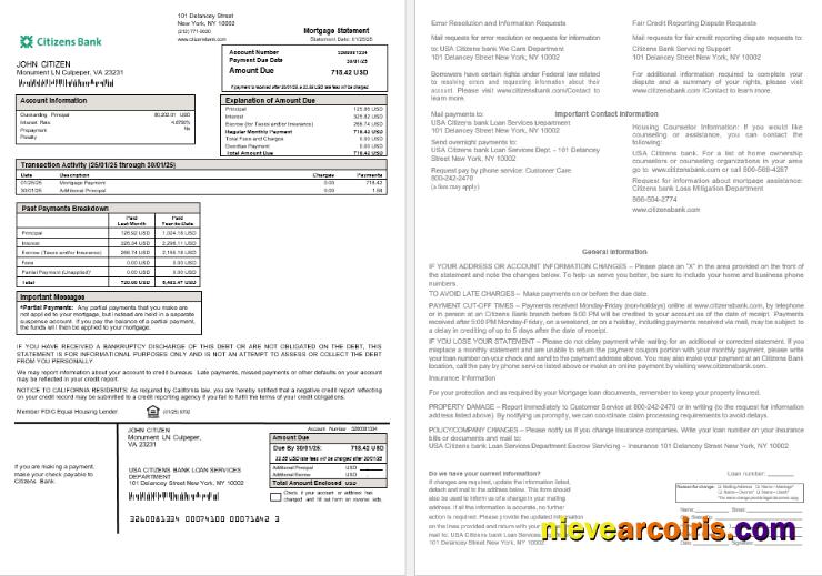 USA Citizens Bank Mortgage Statement In Word And PDF Formats Template