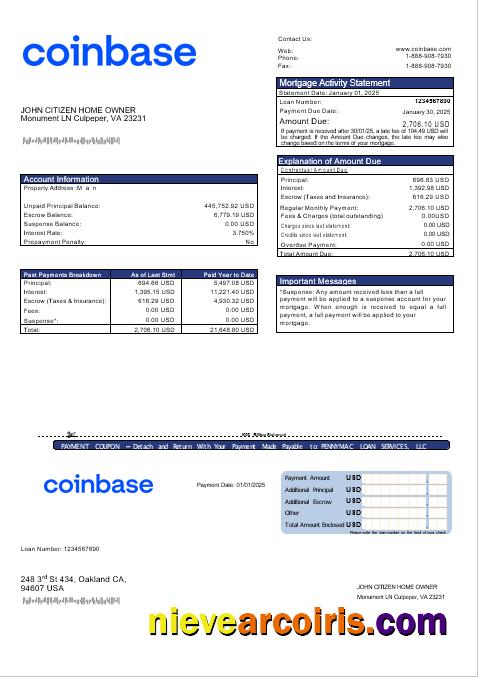 USA Coinbase Mortgage Statement In Word And PDF Formats Sample