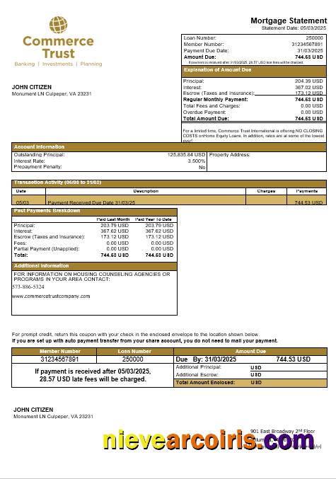 USA Commerce Trust Bank Mortgage Statement In Word And PDF Formats Sample