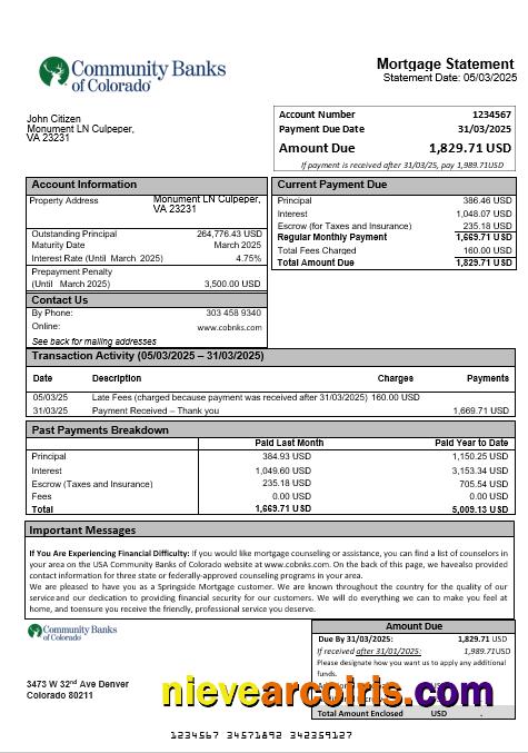 USA Community Banks Of Colorado Bank Mortgage Statement In Word And PDF Formats Sample