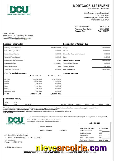 USA DCU Bank Mortgage Statement In Word And PDF Formats Sample