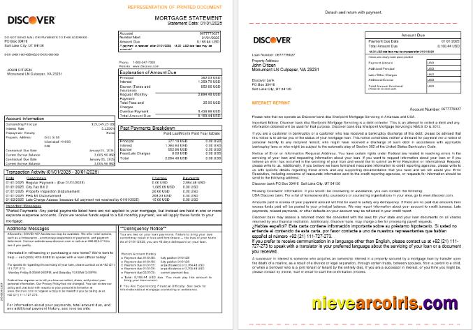 USA Discover Bank Mortgage Statement In Word And PDF Formats, 3 Pages 1 2 Preview