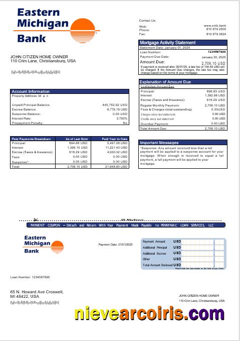 USA Eastern Michigan Bank Mortgage Statement In Word And PDF Formats Template