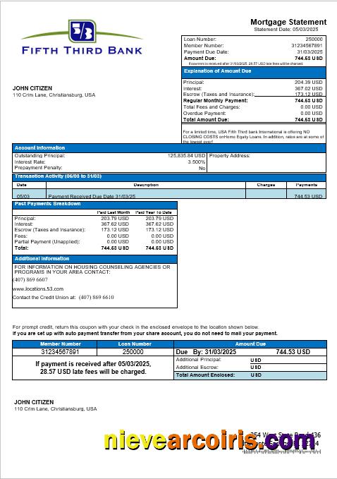 USA Fifth Third Bank Mortgage Statement In Word And PDF Formats Sample