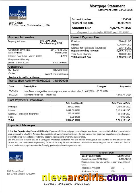 USA First America Bank Mortgage Statement In Word And PDF Formats Sample