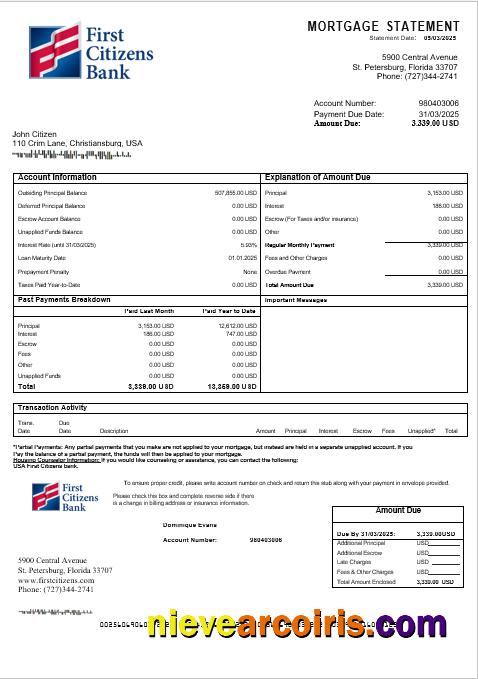 USA First Citizens Bank Mortgage Statement In Word And PDF Formats Preview