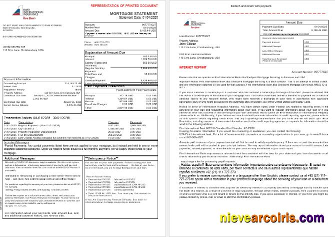 USA First International Bank & Trust Bank Mortgage Statement In Word And PDF Formats, 3 Pages 1 2 Template