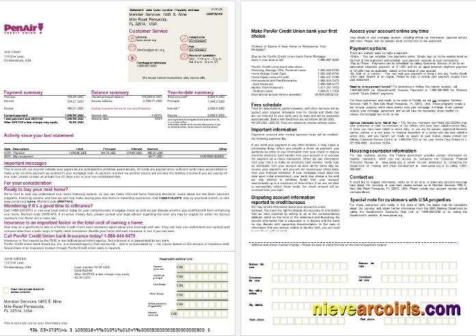 USA Florida PenAir Credit Union Bank Mortgage Statement In Word And PDF Formats, 2 Pages Photolook