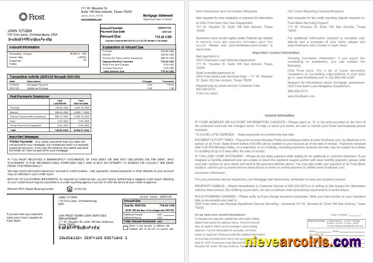 USA Frost Bank Mortgage Statement In Word And PDF Formats Photolook