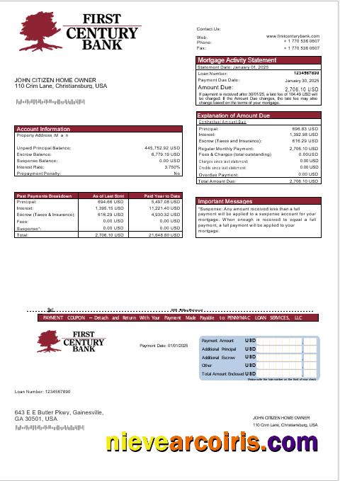 USA Georgian Gainesville First Century Bank Mortgage Statement In Word And PDF Formats Template