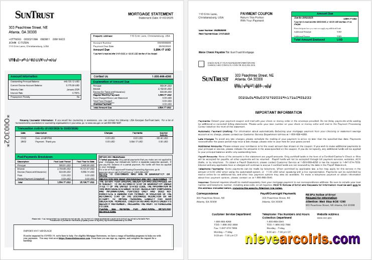 USA Georgian SunTrust Bank Mortgage Statement In Word And PDF Formats 1 2 Sample