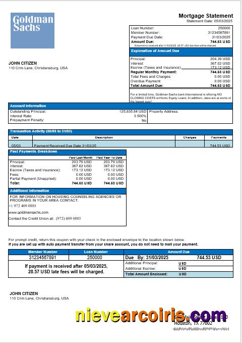 USA Goldman Sachs Bank Mortgage Statement In Word And PDF Formats Photolook