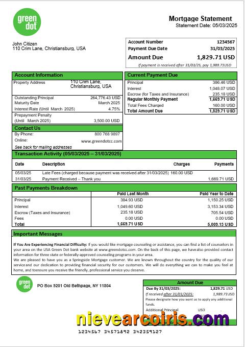 USA Green Dot Mortgage Statement In Word And PDF Formats Template