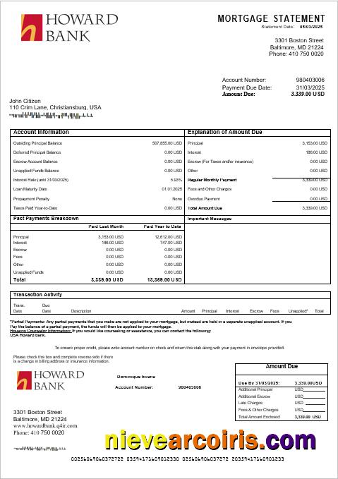 USA Howard Bank Mortgage Statement In Word And PDF Formats Sample