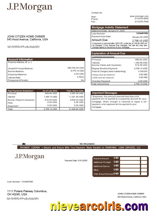 USA JP Morgan Bank Mortgage Statement In Word And PDF Formats Photolook