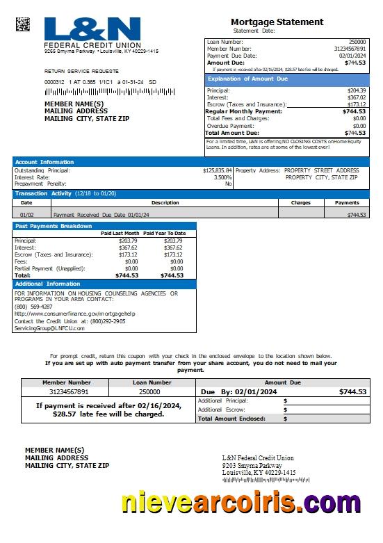USA Kentucky L&N Federal Credit Union Mortgage Statement Scr Photolook