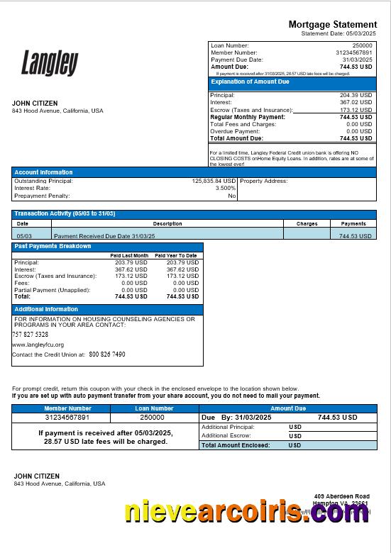USA Langley Federal Credit Union Bank Mortgage Statement In Word And PDF Formats Template