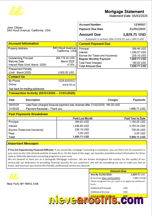 USA Lili Bank Mortgage Statement In Word And PDF Formats Template