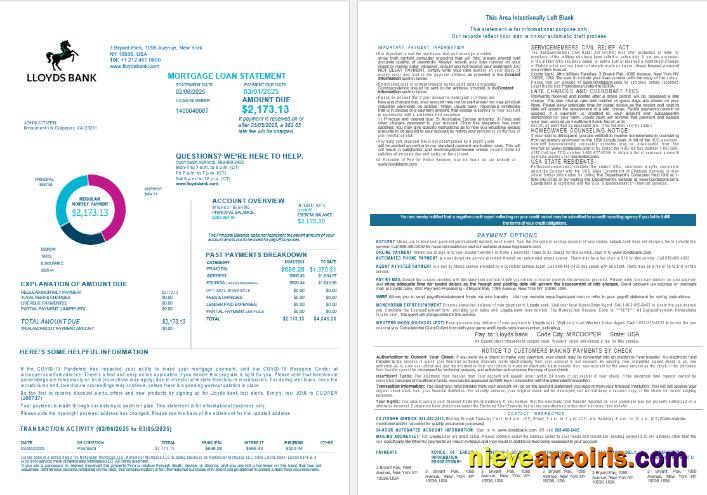 USA Lloyds Bank Mortgage Loan Statement In Word And PDF Formats , 4 Pages 1 2 Template