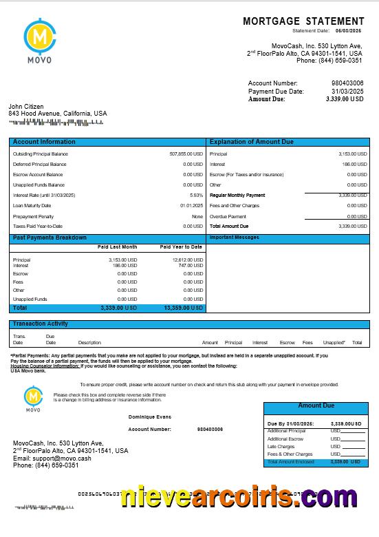 USA MOVO Bank Mortgage Statement In Word And PDF Formats Preview