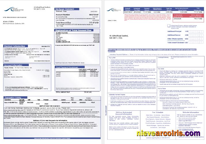USA Maine Ocean Communities Federal Credit Union Bank Mortgage Statement In Word And PDF Formats, 3 Pages Sample