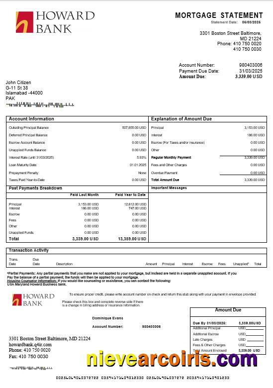 USA Maryland Howard Business Bank Mortgage Statement In Word And PDF Formats Photolook