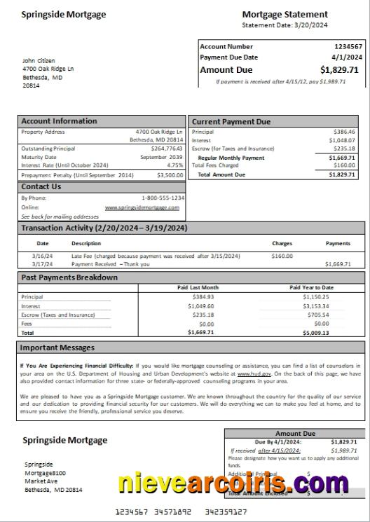 USA Maryland Springside Mortgage Statement Scr Sample