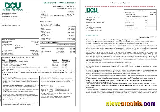 USA Massachusetts Digital Federal Credit Union (DCU) Bank Mortgage Statement In Word And PDF Formats, 3 Pages 1 2 Preview