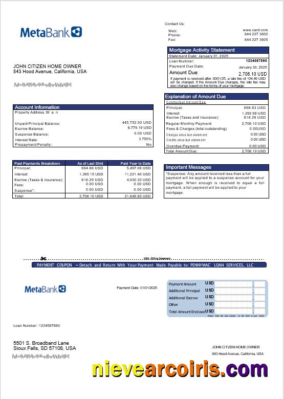USA Meta Bank Card Mortgage Statement In Word And PDF Formats Template