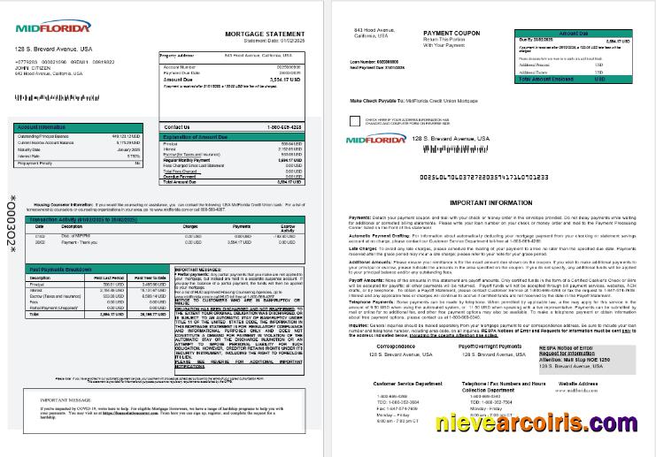USA MidFlorida Credit Union Bank Mortgage Statement In Word And PDF Formats 1 2 Sample